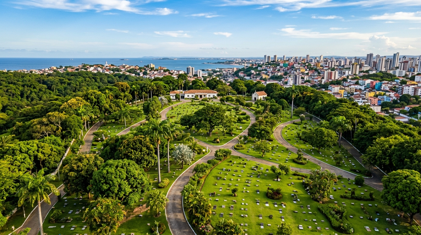 Vista aérea de cemitério parque em Salvador com jardins e áreas verdes