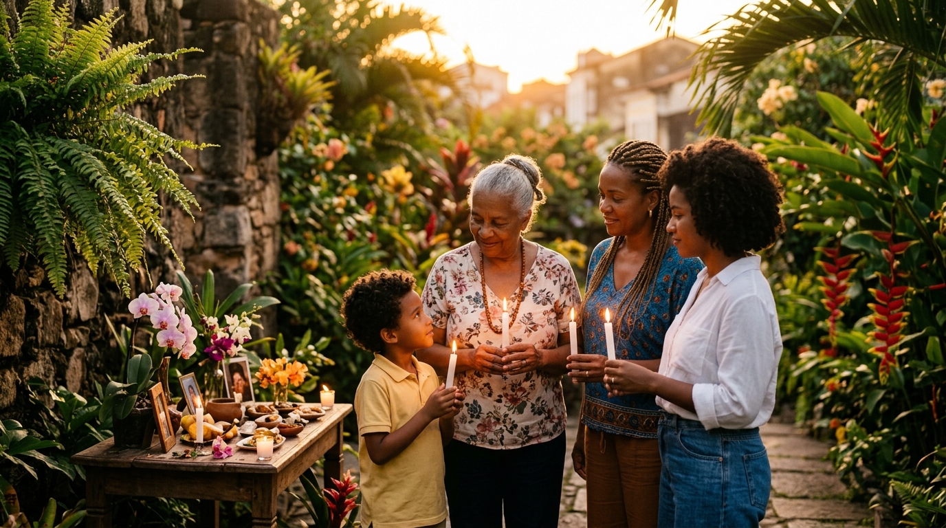 Família reunida em momento de homenagem com velas e flores em ambiente sereno
