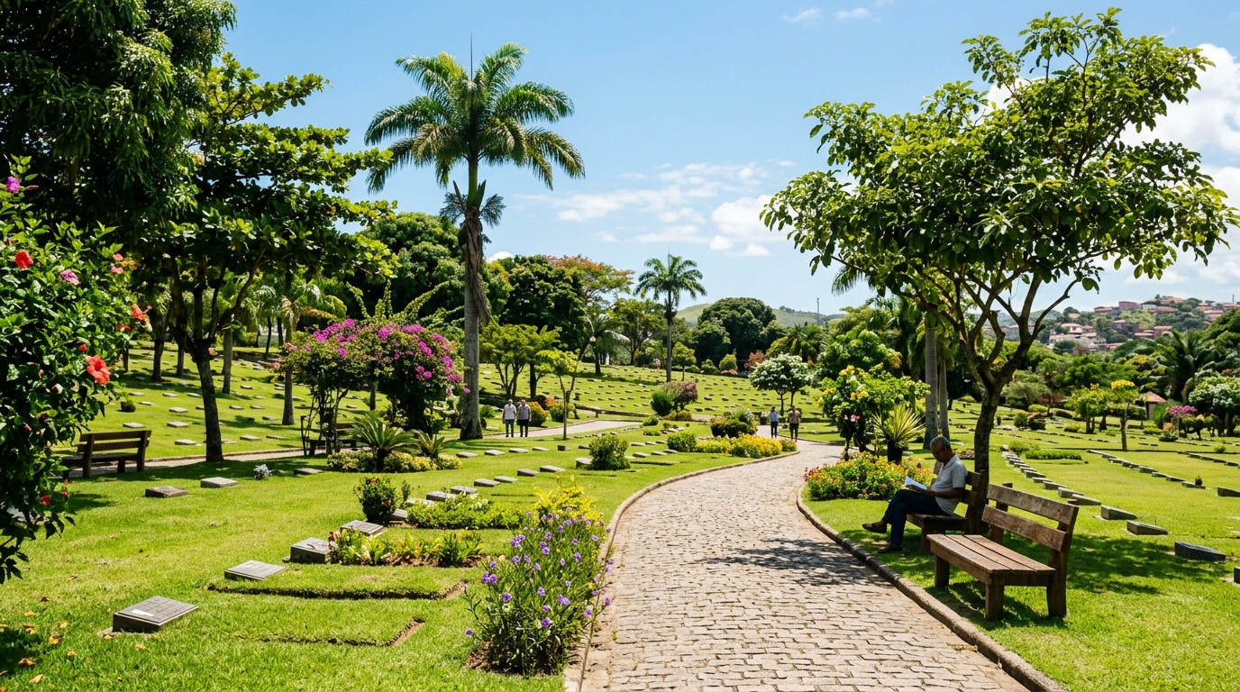 Cemitério parque em Salvador em dia ensolarado com jardins bem cuidados