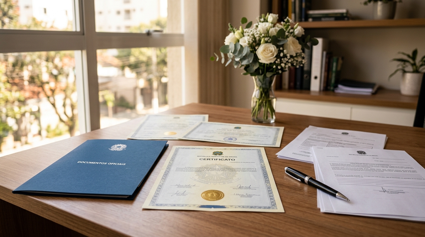 Documentos e certidões organizados sobre uma mesa para registro de óbito