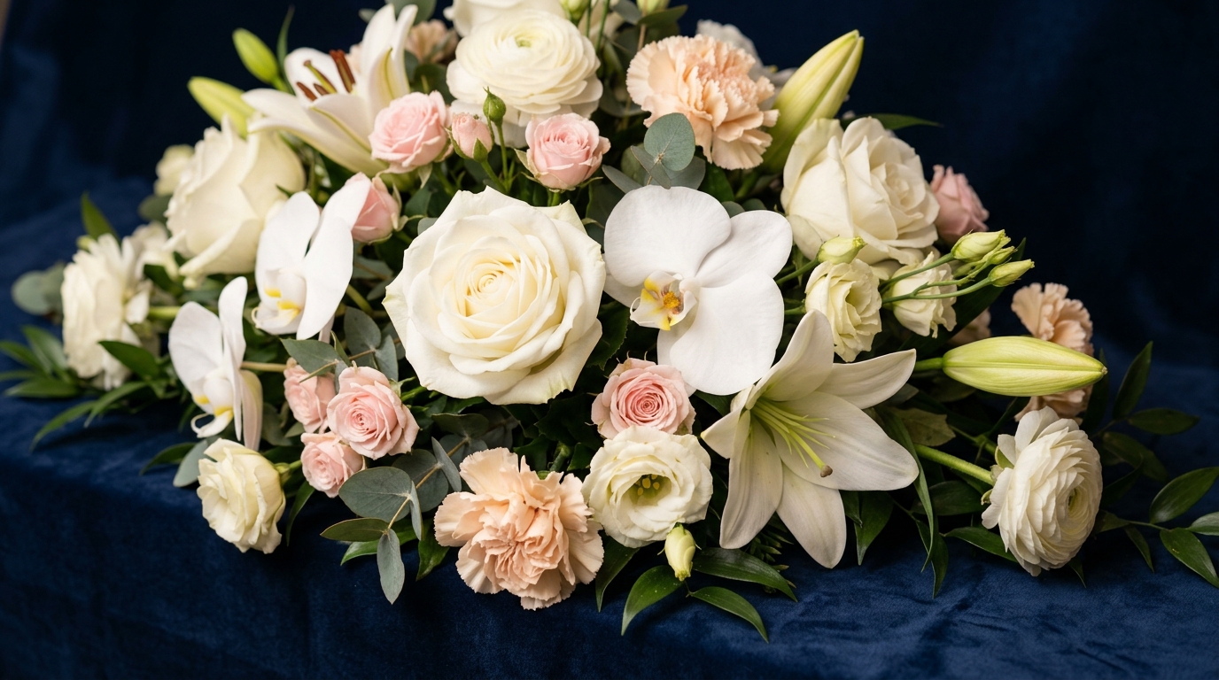 Arranjo de flores delicadas para velório com iluminação suave e acolhedora
