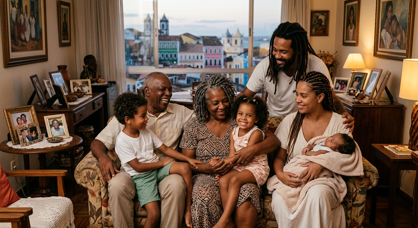 Família afrodescendente reunida em ambiente acolhedor em Salvador, representando proteção e cuidado familiar