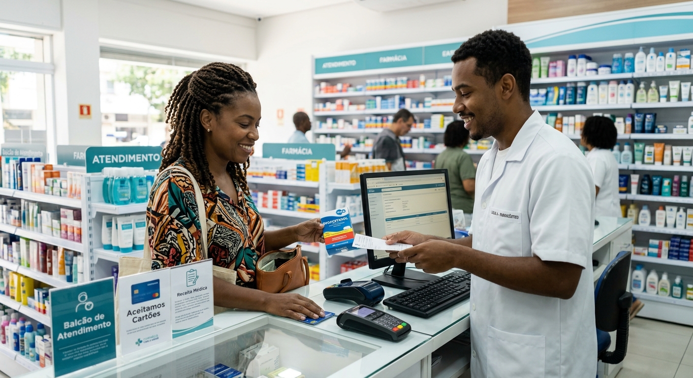 Pessoa comprando medicamentos com desconto em farmácia parceira em Salvador