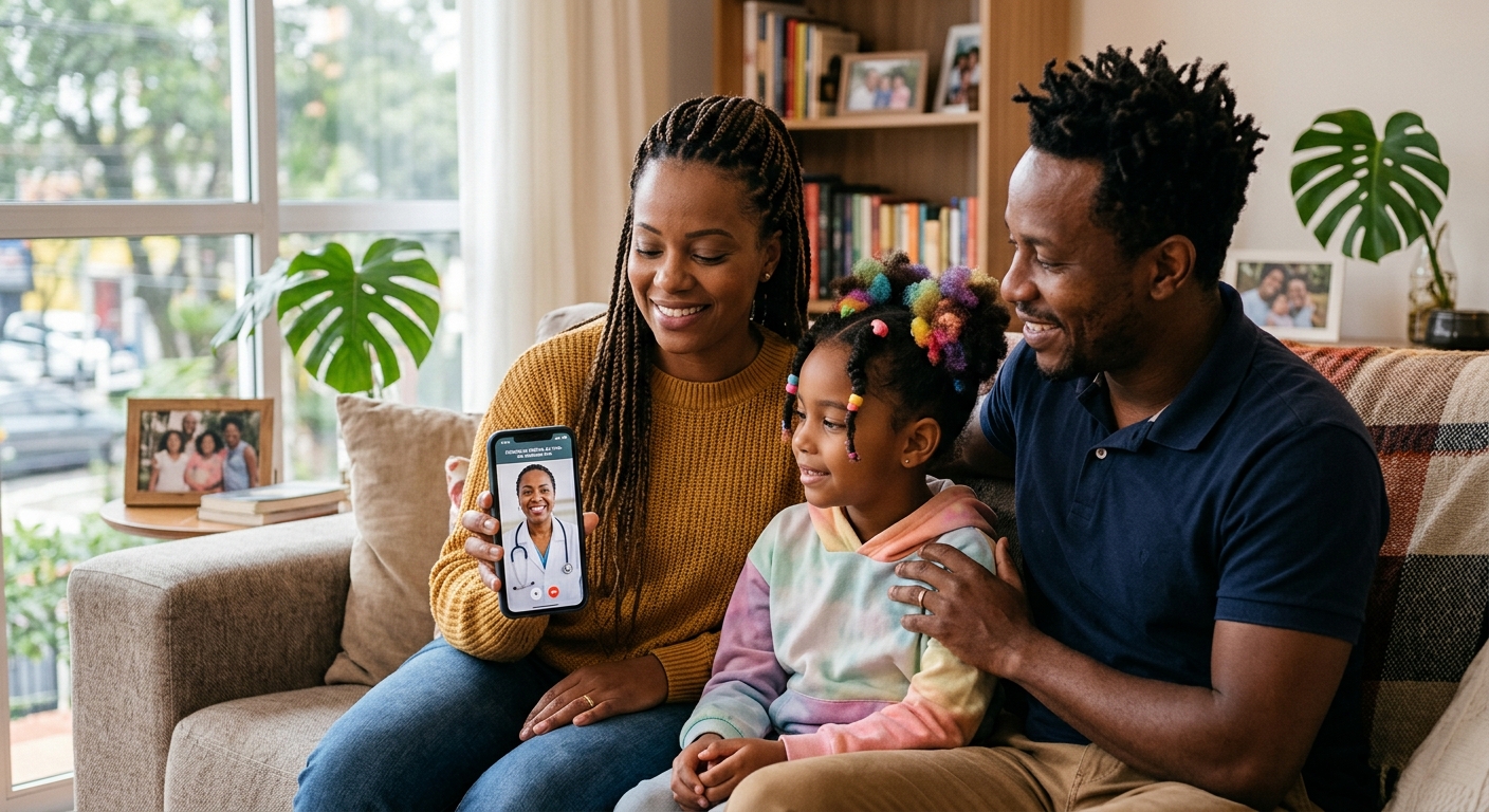 Família afrodescendente em Salvador usando telemedicina pelo celular em casa